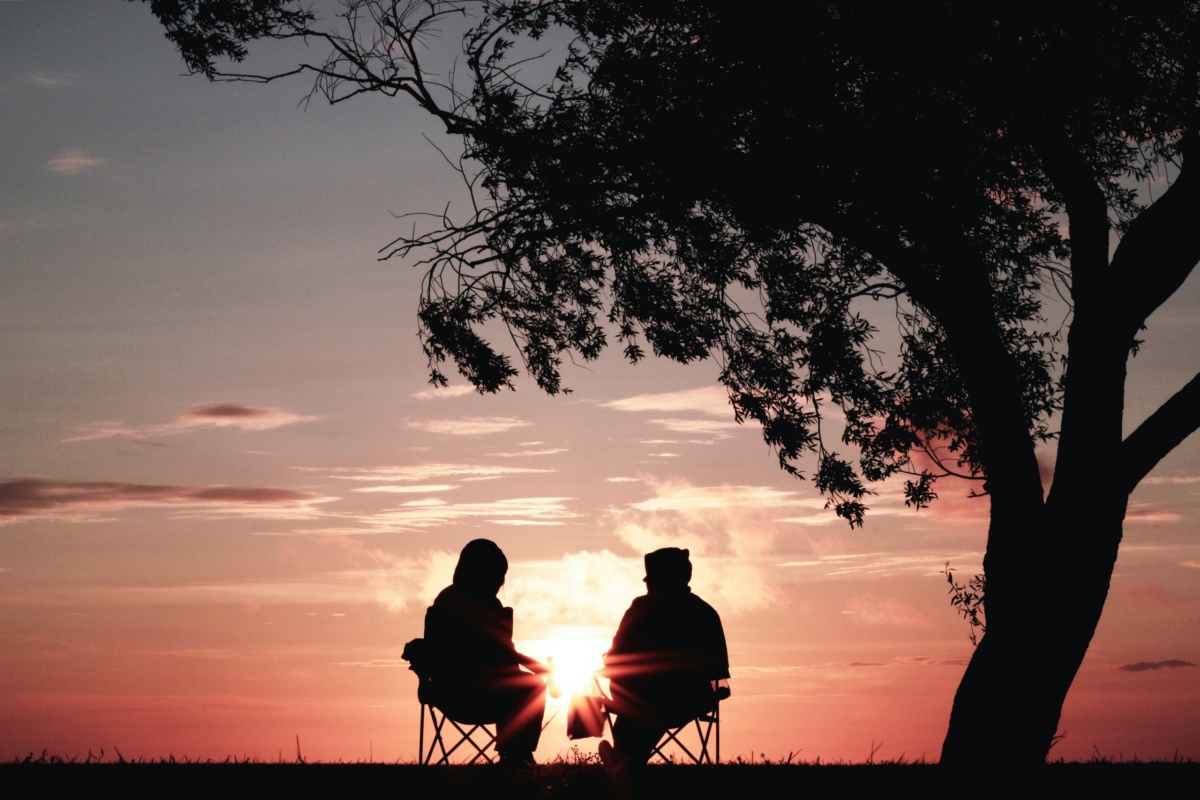 Two people sit under tree sunset
