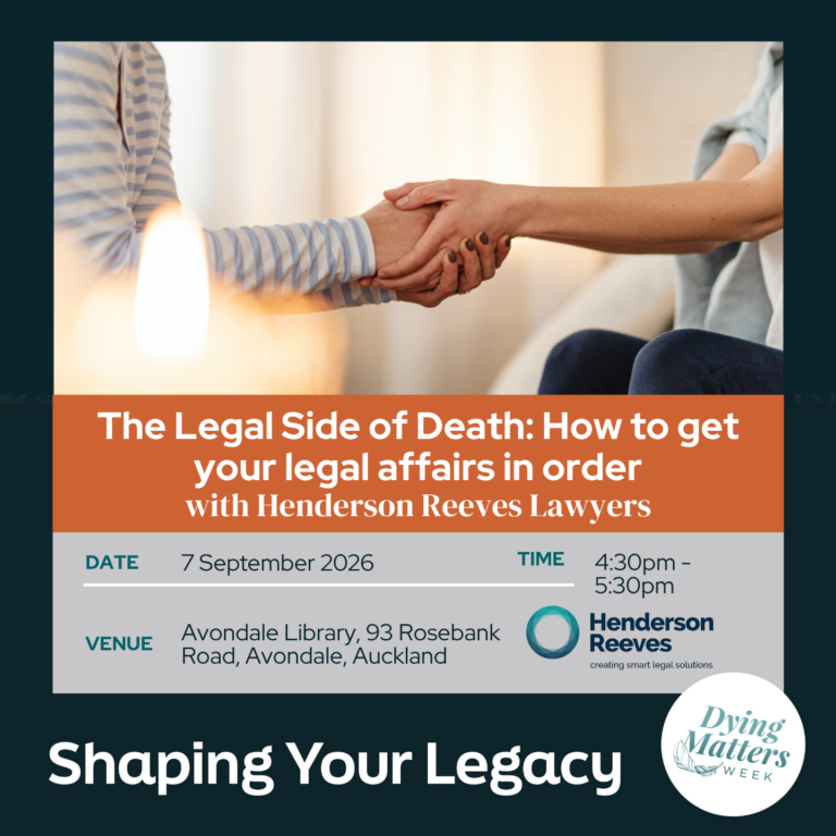 Event tile for Henderson Reeves Lawyers in Auckland, Dying Matters Week