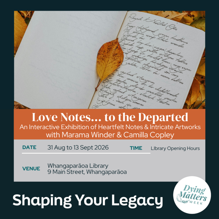 Event tile for Love notes to the departed, an event for Dying Matters Week in Whangaparaoa