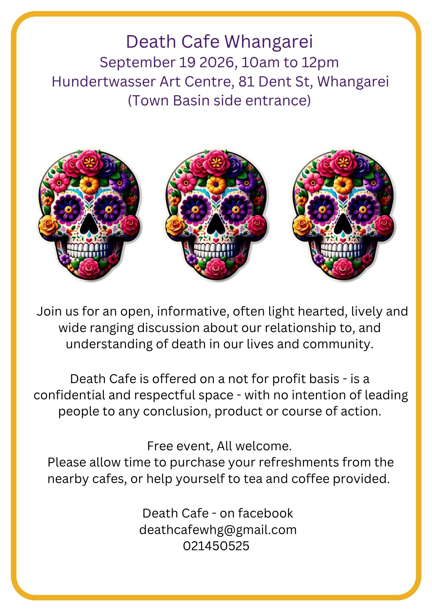 Death Cafe Whangārei <div style="font-size:0.8em;">19 September 2026, 10:00 am, Hundertwasser Art Centre with Wairau Māori Art Gallery Dent Street, Whangārei, Whangarei, New Zealand</div> - Image 2